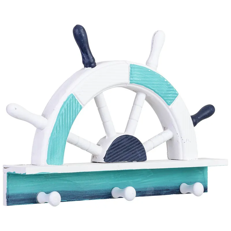 Percha de pared de 3 ganchos de madera con timón azul 32x5x21h cm - Decoración
