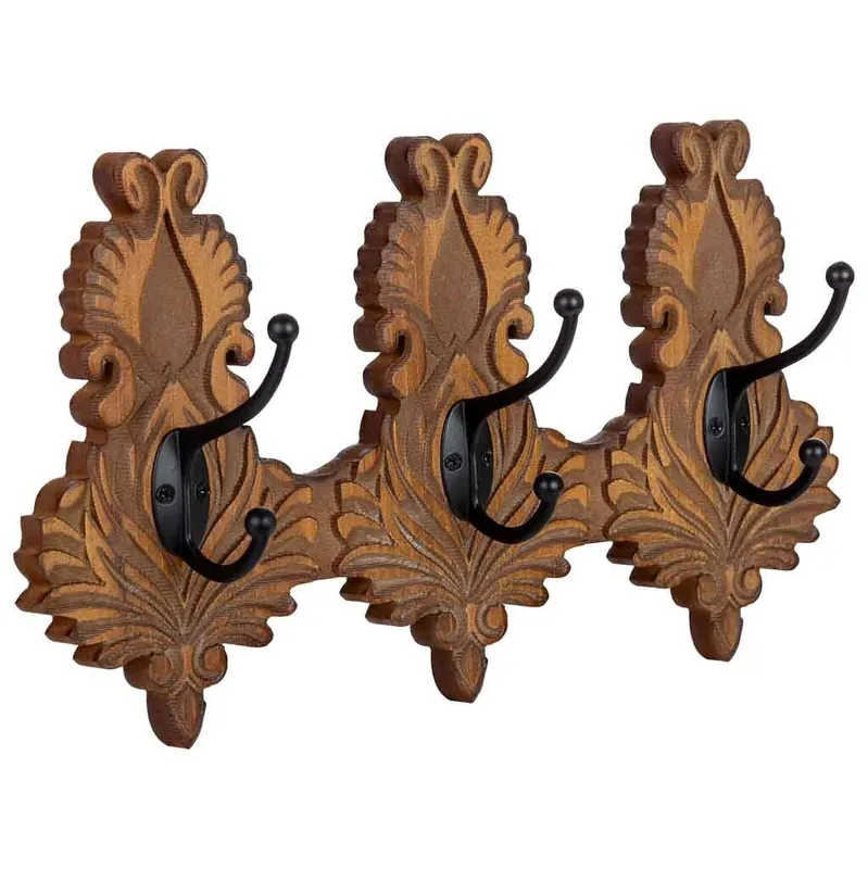 Percha de pared de madera de 3 ganchos marrón 36x8x20.5h cm - Decoración