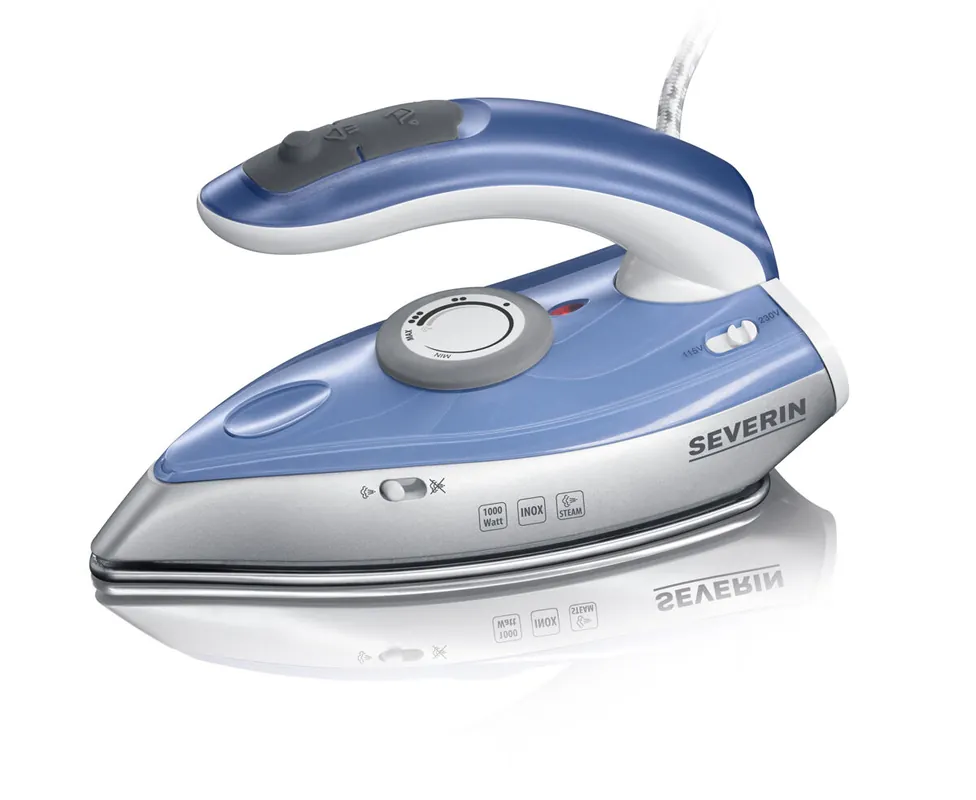SEVERIN - Plancha de Viaje, planchado a vapor y en seco, chorro de vapor vertical, Bitensión 115/230 V, 1000 W, 50 ml, Azul/Plateado BA 3234