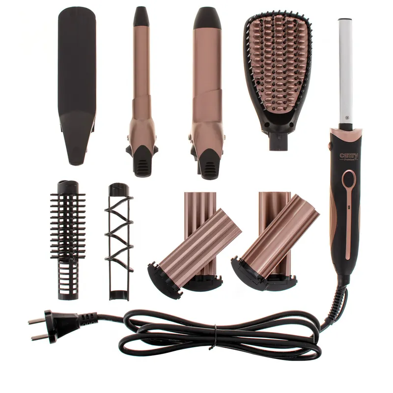Camry CR2024 Set Cuidado y Estilo Pelo 5 en 1 Plancha, Rizador, Tenacillas, Moldeador, Cepillo Alisador, 50, Oro Rosado/Negro - Electrodomésticos