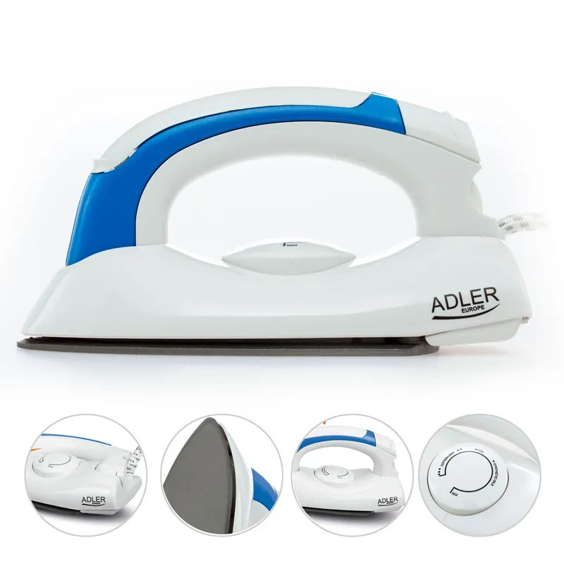 Adler AD5015 Plancha Ropa Vapor Viaje, Mango Plegable, Ligera, Regulador Temperatura, Suela Antiadherente, 700, Blanco/azul - Electrodomésticos
