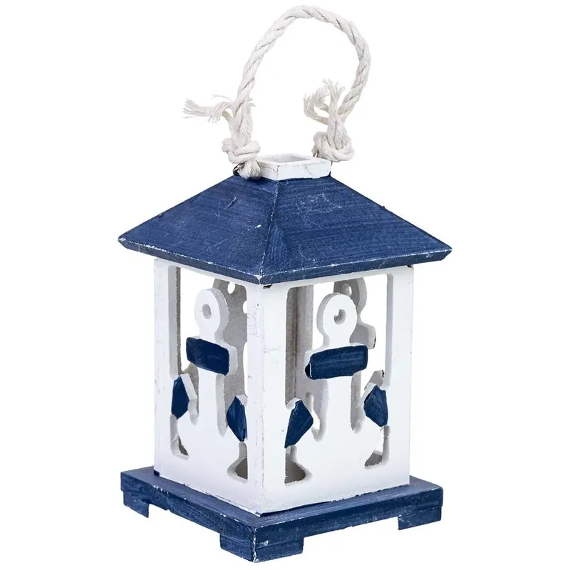 Portavelas de madera colgante con ancla azul 10x10x23h cm - Decoración