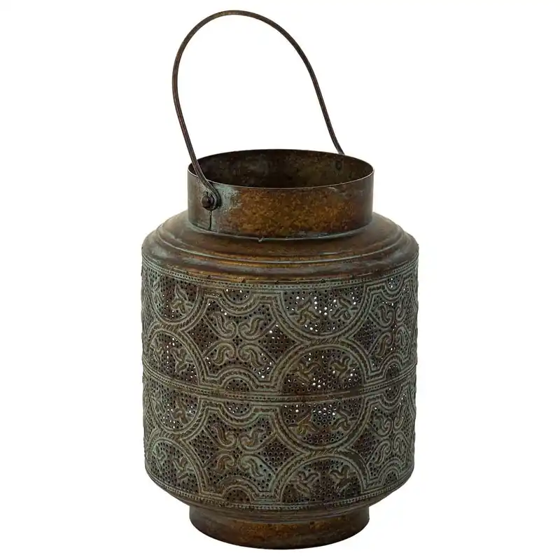 Portavelas de metal en tono marrón, con dimensiones de 19.5x19.5x25.5h cm - Decoración