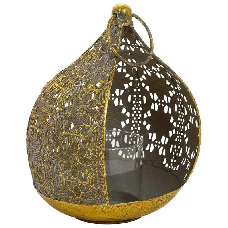 Portavelas de metal dorado, con dimensiones de 18.5x17x23.5 cm - Decoración