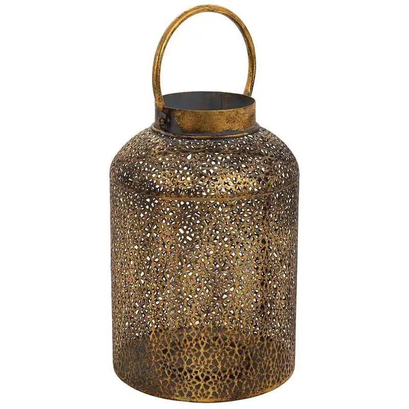 Portavelas de metal en tono dorado, con dimensiones de 20x20x30.5h cm - Decoración