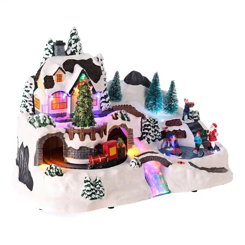 Well Home Pueblo Navideño para decoración con escena en movimiento y Luces LED 25,7x22,5x37cm