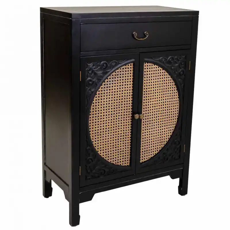 Recibidor negro envejecido de madera de abeto, mdf y ratán de 70x36x100h cm - Muebles
