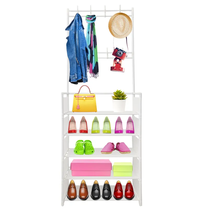 Recibidor Perchero Organizador Entrada Tela 5 Baldas Zapatero 20 Pares 8 Colgadores 167x60x26cm Blanco - Decoración