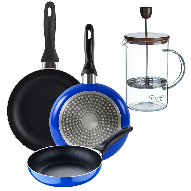 Set 3 sartenes San Ignacio (16+20+24cm) aluminio prensado ind azul+Cafetera de émbolo de vidrio borosilicato 15,8x10x18,8cm - Cocina