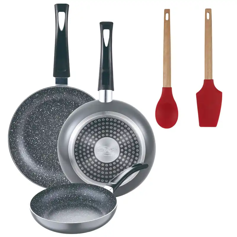 Set 3 sartenes San Ignacio (16+20+24cm) aluminio prensado ind negra+Juego de 2 utensilios de cocina de silicona