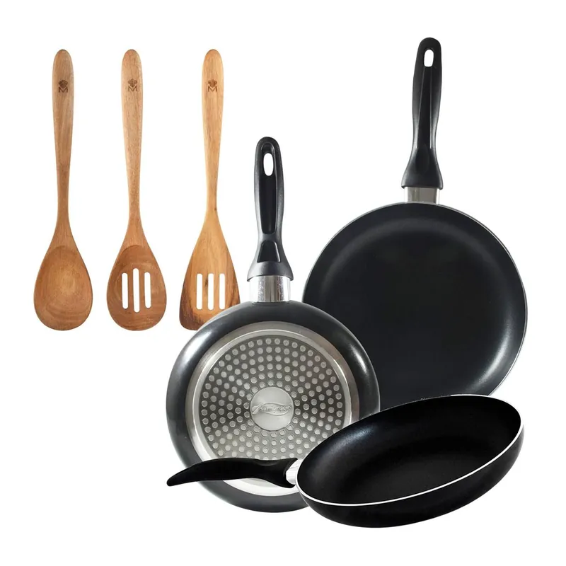 Set 3 sartenes San Ignacio(16,20,24cm) aluminio prensado, apto para inducción+Set 3pcs utensilios de cocina acacia