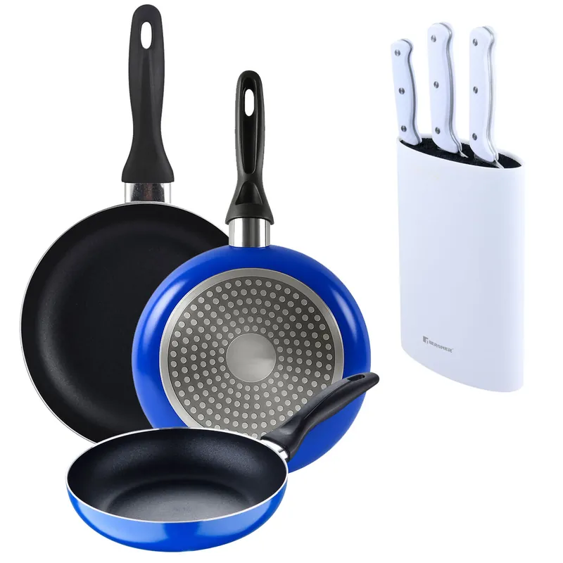 Set 3 sartenes San Ignacio (16+20+24cm) aluminio prensado ind azul+Set de 3 Cuchillos con Tacoma en Acero inoxidable - Cocina
