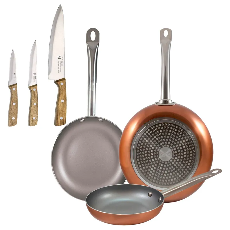 Set 3 sartenes San Ignacio (18,22,26cm) aluminio prensado, aptas para inducción+Set de 3 cuchillos de acero inoxidable para cocina