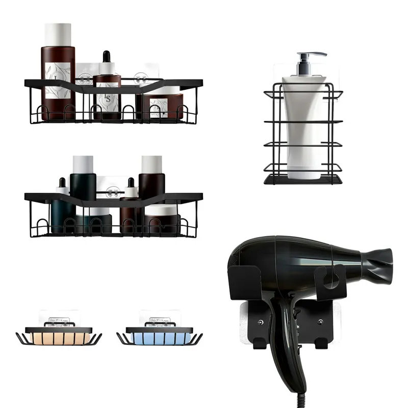 Set Baño 6 Piezas Metálico Nyana Home | Estantes sin Taladro | Antióxido y Adhesivo Potente