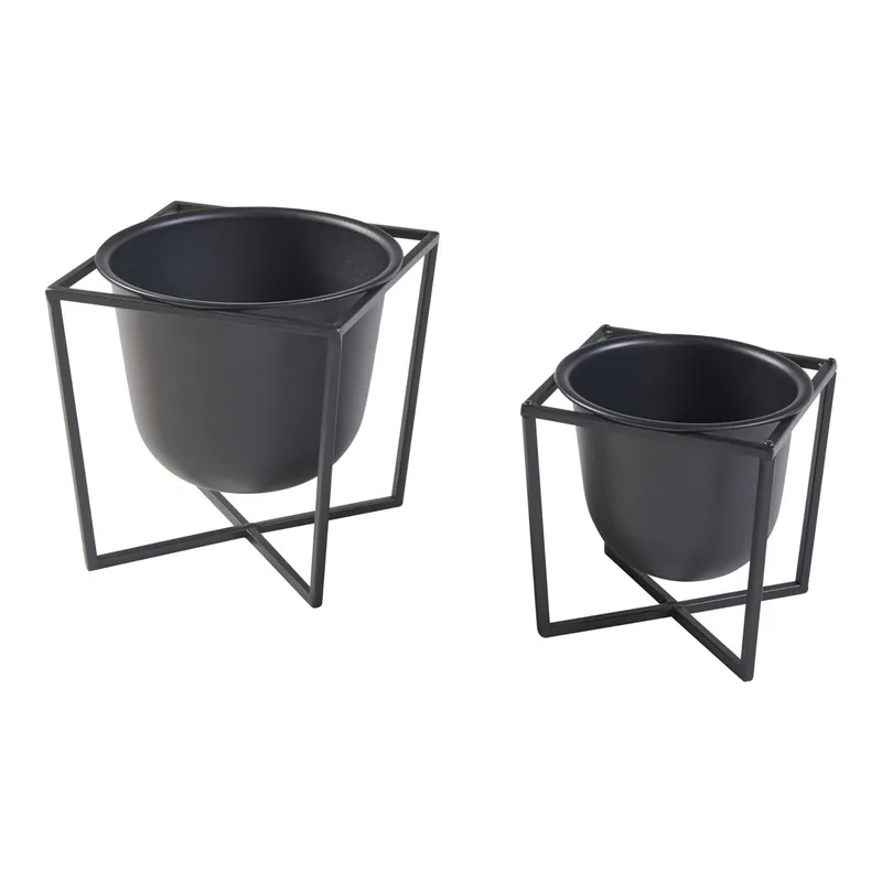 Set de 2 soportes para plantas Nordmaling con macateros metal - Negro [en.casa]
