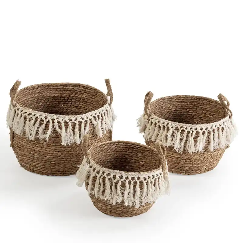 Set de 3 cestas Jula de fibra natural con asas, blanco/natural - Decoración