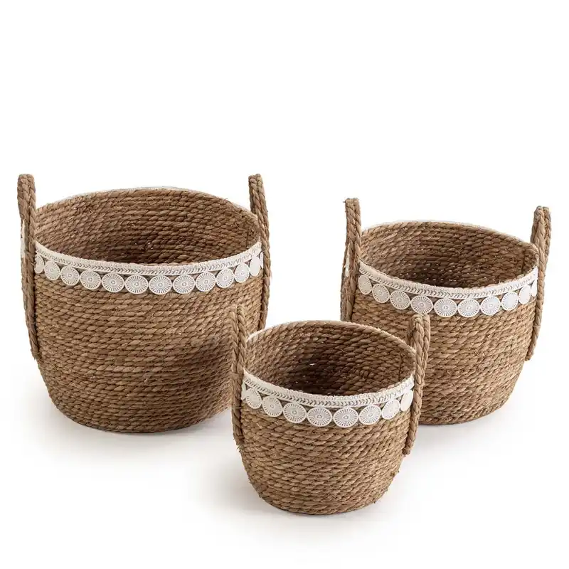 Set de 3 cestas Yasmina de fibra natural con asas, blanco/natural - Decoración