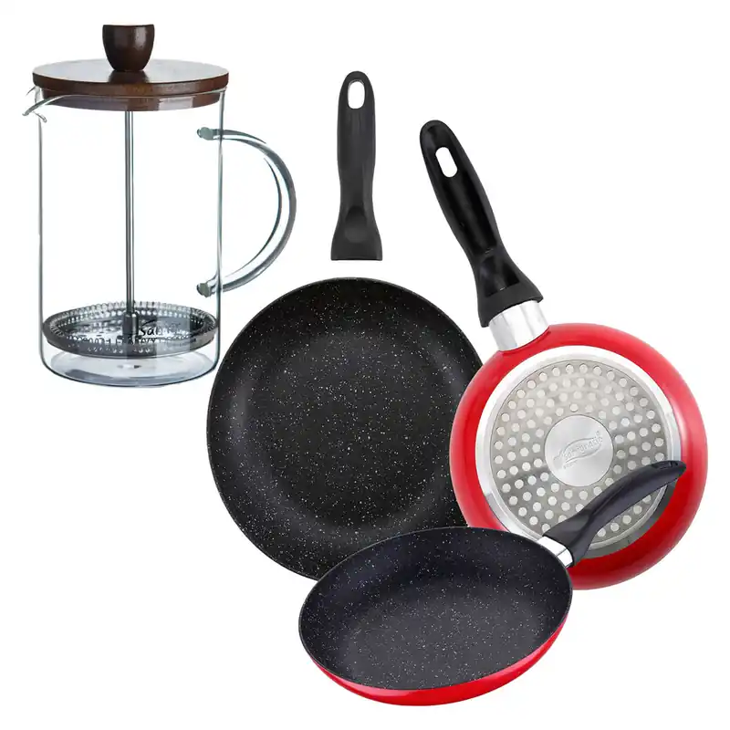 Set de 3 sartenes San Ignacio con revestimiento en mármol Ø16 cm Ø20 cm Ø24 cm+Cafetera de émbolo de vidrio borosilicato 15,8x10x18,8cm - Cocina