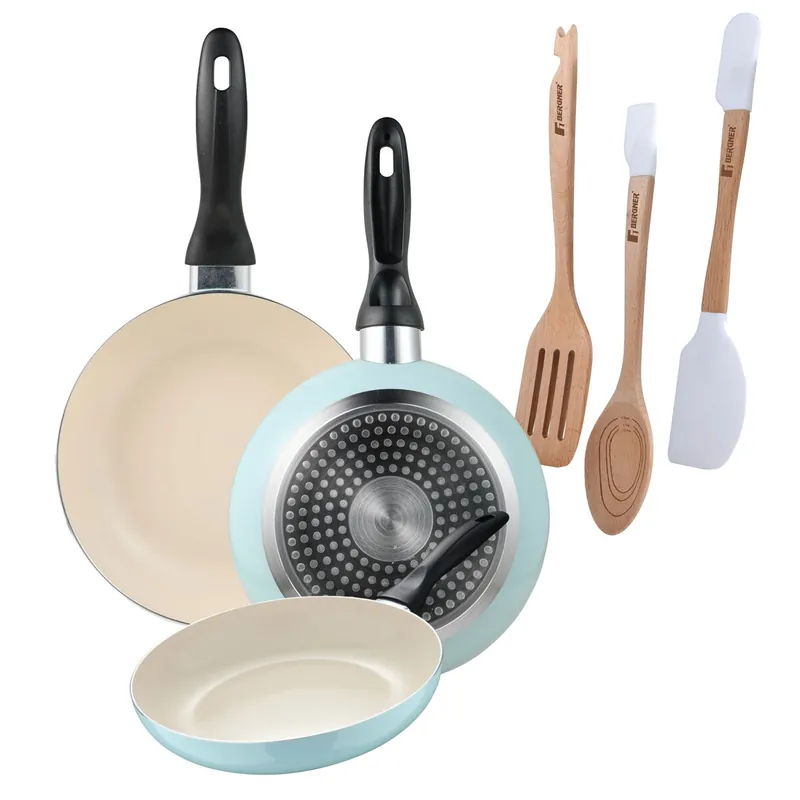 Set de 3 sartenes San Ignacio Ø16Ø20Ø24cm en aluminio prensado Azul celeste+Juego de 3 Utensilios de cocina en silicona y madera