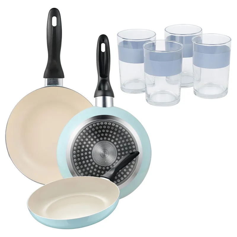 Set de 3 sartenes San Ignacio Ø16Ø20Ø24cm en aluminio prensado Azul celeste+Juego de 4 Vasos de 0,5L - Cocina