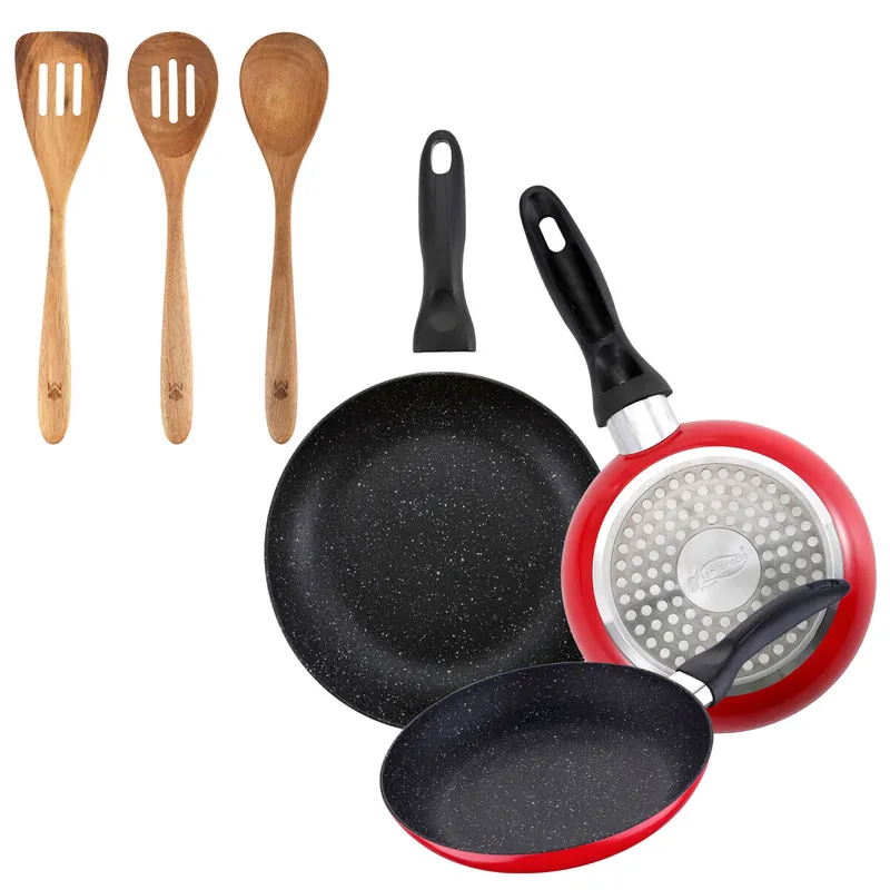 Set de 3 sartenes San Ignacio con revestimiento en mármol Ø16 cm Ø20 cm Ø24 cm+Set 3pcs utensilios de cocina acacia
