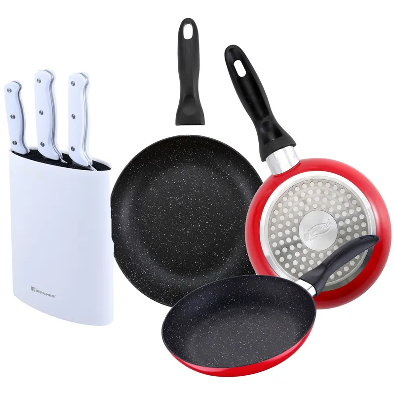 Set de 3 sartenes San Ignacio con revestimiento en mármol Ø16 cm Ø20 cm Ø24 cm+Set de 3 Cuchillos con Tacoma en Acero inoxidable - Cocina
