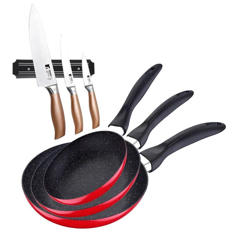 Set de 3 sartenes San Ignacio con revestimiento en mármol Ø16 cm Ø20 cm Ø24 cm+Set de 3 Cuchillos en acero inoxidable con Soporte magnético de pared - Cocina