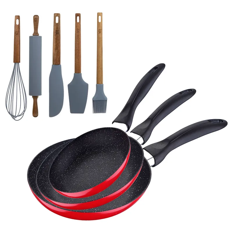 Set de 3 sartenes San Ignacio con revestimiento en mármol Ø16 cm Ø20 cm Ø24 cm+Set de 5 Utensilios de Cocina de Silicona y Madera de Acacia