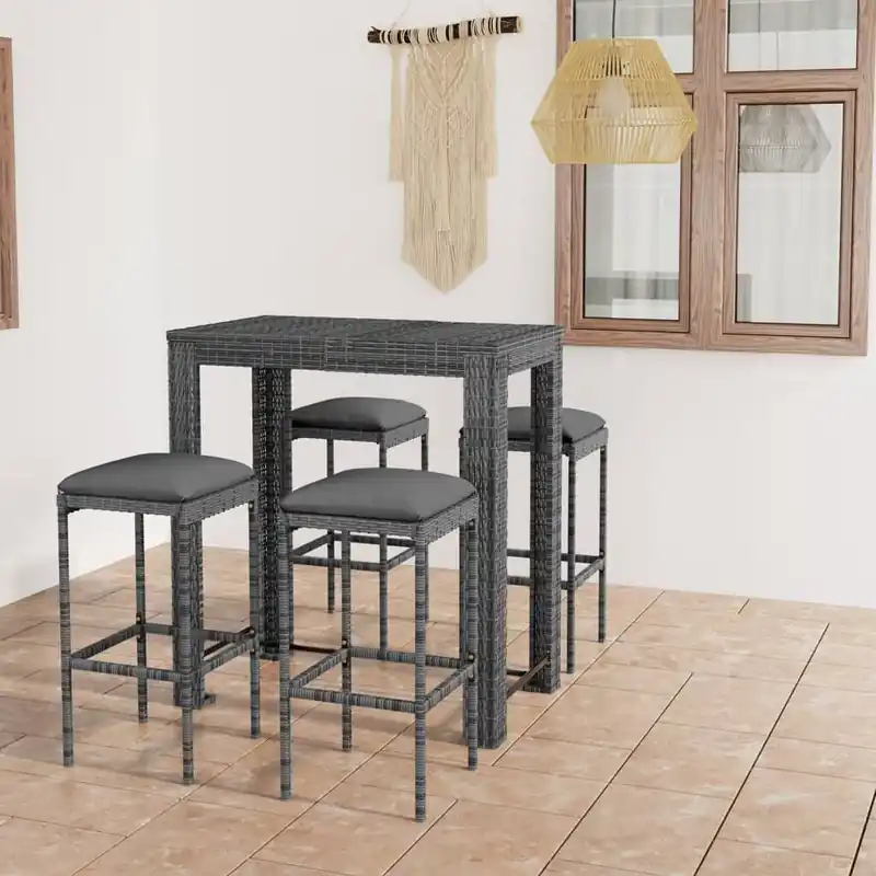 Set muebles bar jardín 5 piezas y cojines ratán sintético gris VidaXL