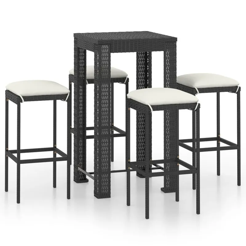 Set muebles bar jardín 5 piezas y cojines ratán sintético negro VidaXL