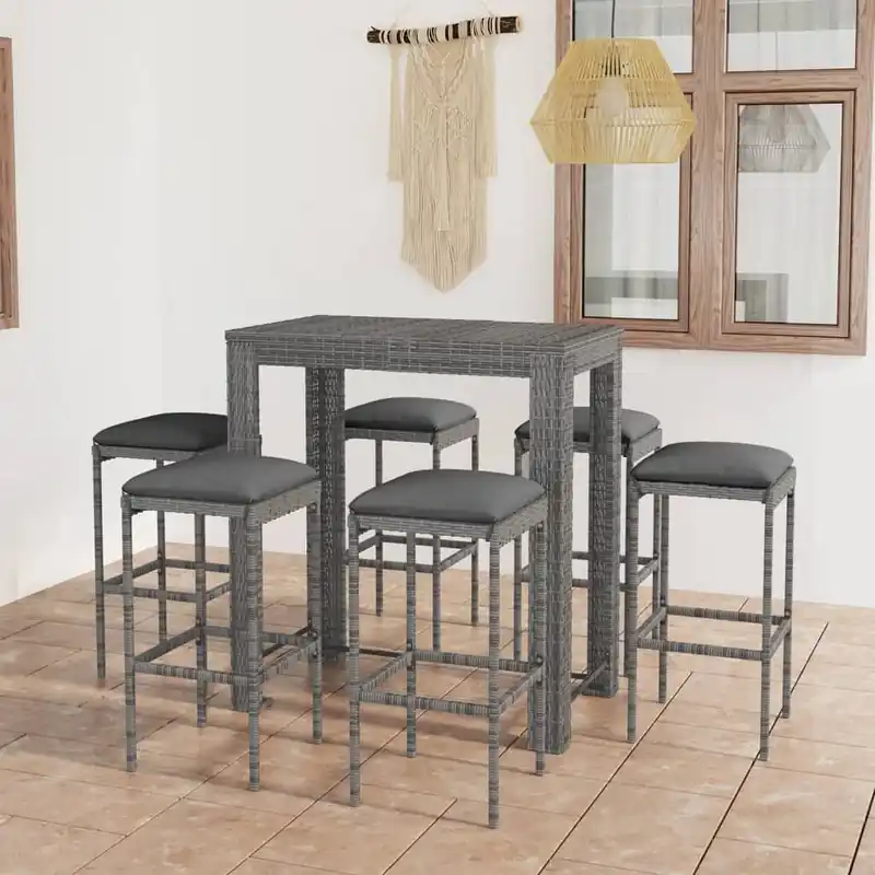 Set muebles bar jardín 7 piezas y cojines ratán sintético gris VidaXL