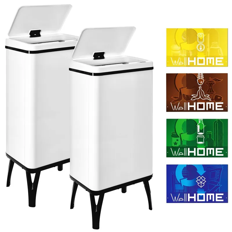 WELL HOME MOBILIARIO & DECORACIÓN 2 Cubos de basura inteligente de 50L c/u, Alto: 83,5 (x35,5x26), blanco con etiquetas magnéticas - Baño