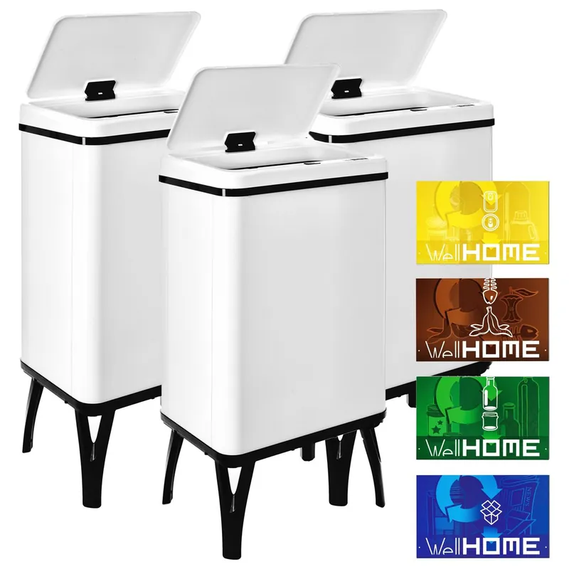 WELL HOME MOBILIARIO & DECORACIÓN 3 Cubos de basura inteligente de 40L c/u, Alto: 71,5 (x35,5x26), blanco con etiquetas magnéticas - Baño