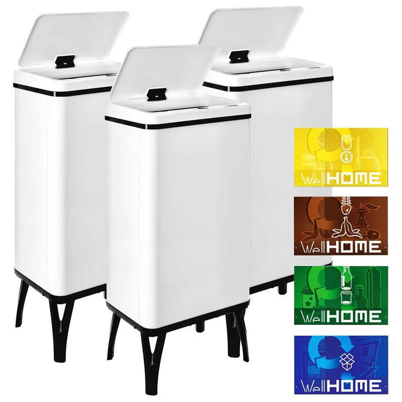 WELL HOME MOBILIARIO & DECORACIÓN 3 Cubos de basura inteligente de 50L c/u, Alto: 83,5 (x35,5x26), blanco con etiquetas magnéticas - Baño