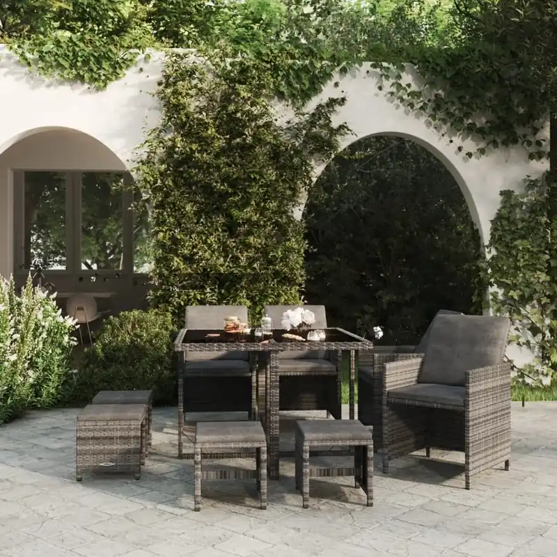 Set de muebles jardín 9 pzas con cojines ratán sintético gris VidaXL