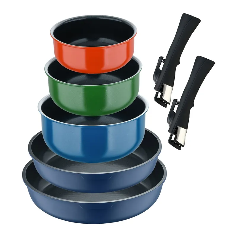 Set de 2 Sartenes Ø22Ø26cm Aluminio fundido Azul + 3 Cazos Ø16Ø18Ø20cm Aluminio prensado en 3 colores + 2 Mangos extraíbles Click&Cook Bergner - Cocina