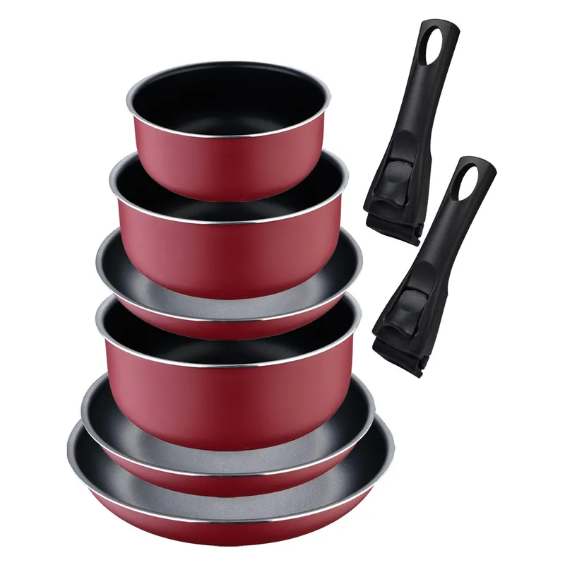 Set de 3 Sartenes Ø18Ø20Ø24cm con Mango extraíble + 3 Cazos Ø16Ø18Ø20cm con Mango extraible - en Aluminio prensado color Rojo Click&Cook Bergner