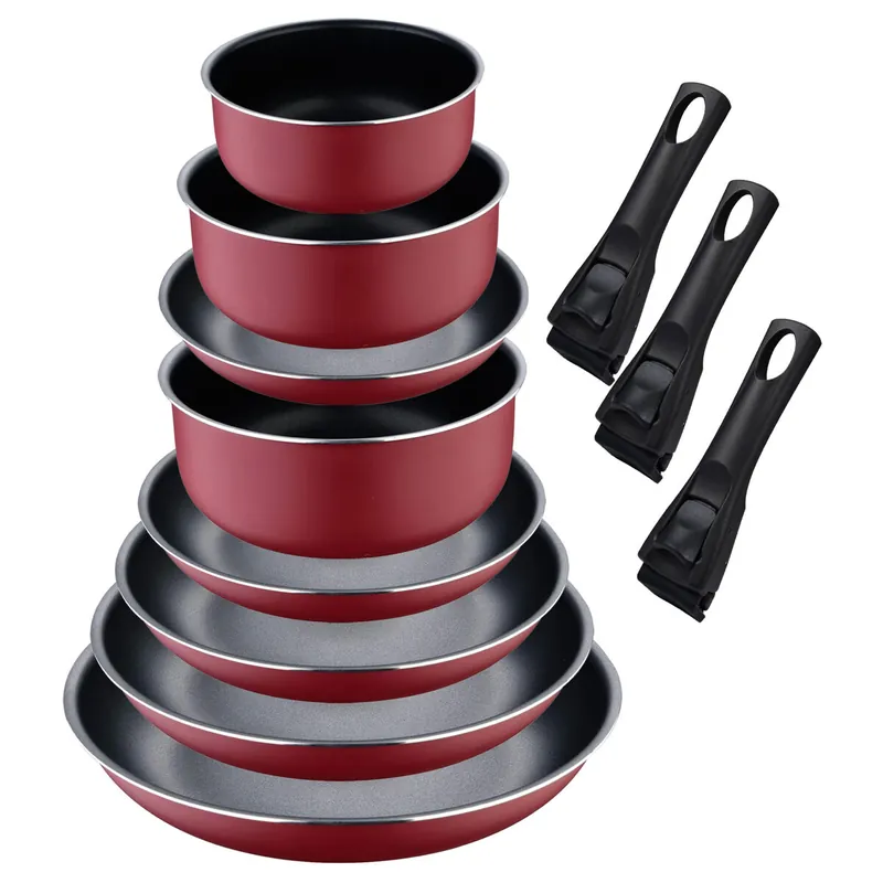 Set de 5 Sartenes Ø18Ø20Ø22Ø24Ø26cm con 2 Mangos extraíbles + 3 Cazos Ø16Ø18Ø20cm con Mango extraible -Aluminio prensado color Rojo Click&Cook Bergner