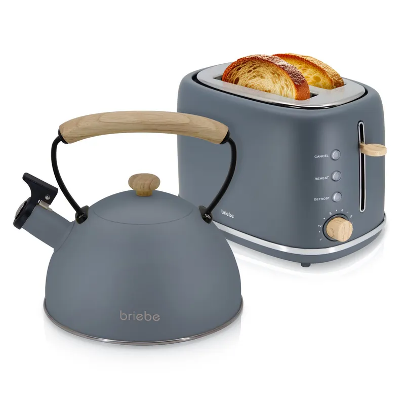 Briebe SKT1177GRY Nordic Set Tostadora Pan Ranura Ancha 2 Rebanadas + Tetera 2,3L Acero Inox, Inducción Libre BPA, 870, Gris - Electrodomésticos
