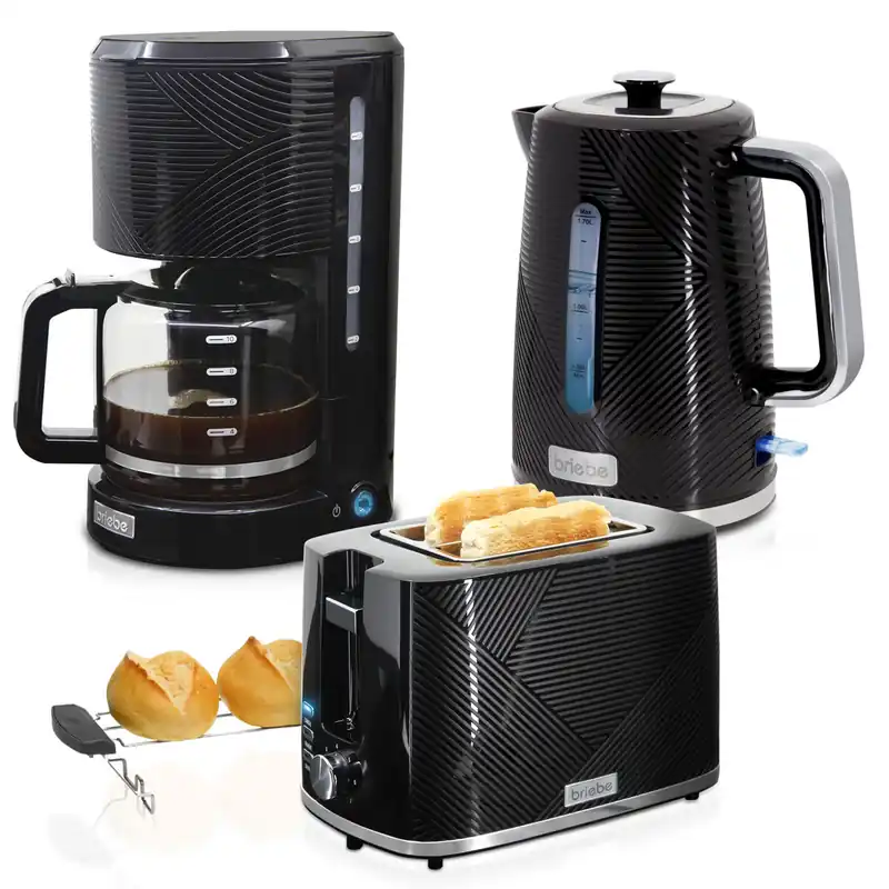 Briebe SKT1178BLK Elegance Set Tostador Pan Ranura Ancha 2 Rebanadas, Hervidor Agua Eléctrico 1,7L Cafetera 1,25L, , Negro - Electrodomésticos