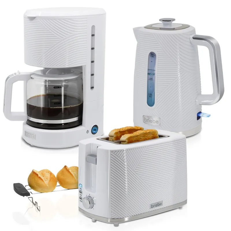 Briebe SKT1178WHT Elegance Set Tostador Pan Ranura Ancha 2 Rebanadas, Hervidor Agua Eléctrico 1,7L Cafetera 1,25L, , Blanco - Electrodomésticos