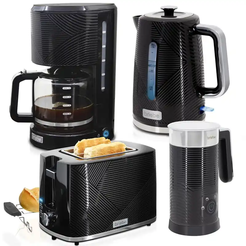 Briebe SKT1185BLK Elegance Set Tostador Pan 2 Rebanadas, Hervidor Agua Eléctrico Cafetera 1,25L Espumador Leche, 2200, Negro - Electrodomésticos