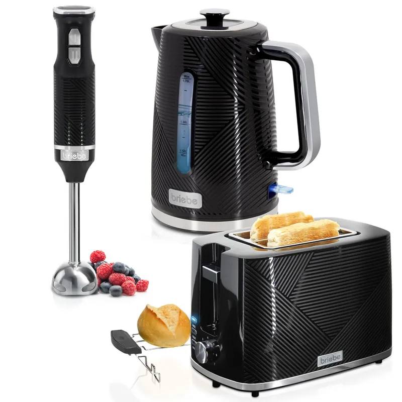 Briebe SKT1186BLK Elegance Set Tostadora Pan 2 Rebanadas Anchas + Hervidor Agua 1,7L Inalámbrico + Batidora Mano, 2200, Negro - Electrodomésticos