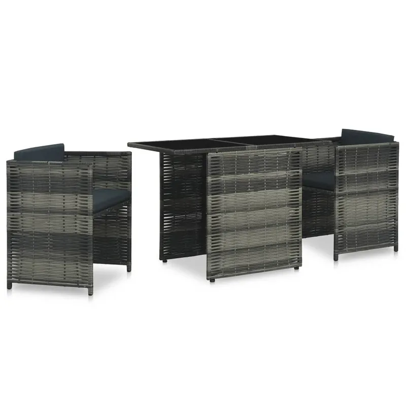 Set mesa y sillas jardín 3 pzas y cojines ratán sintético gris VidaXL
