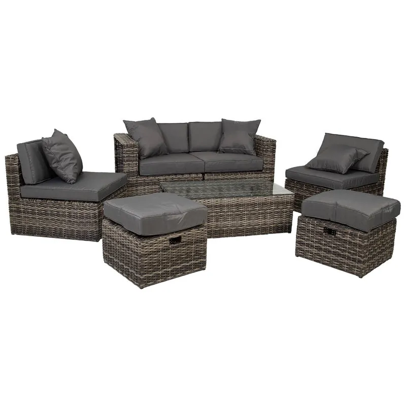 Set mesa, sofá 2 sillones y 2 reposapiés de color gris - Jardín