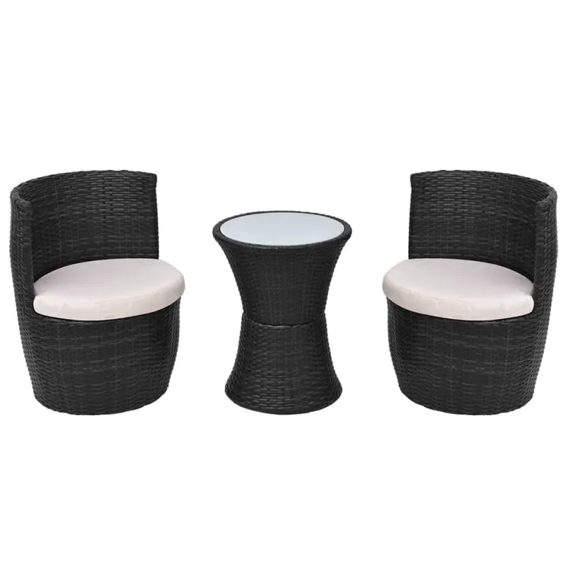 Set mesa y sillas de jardín 3 pzas y cojines poli ratán negro