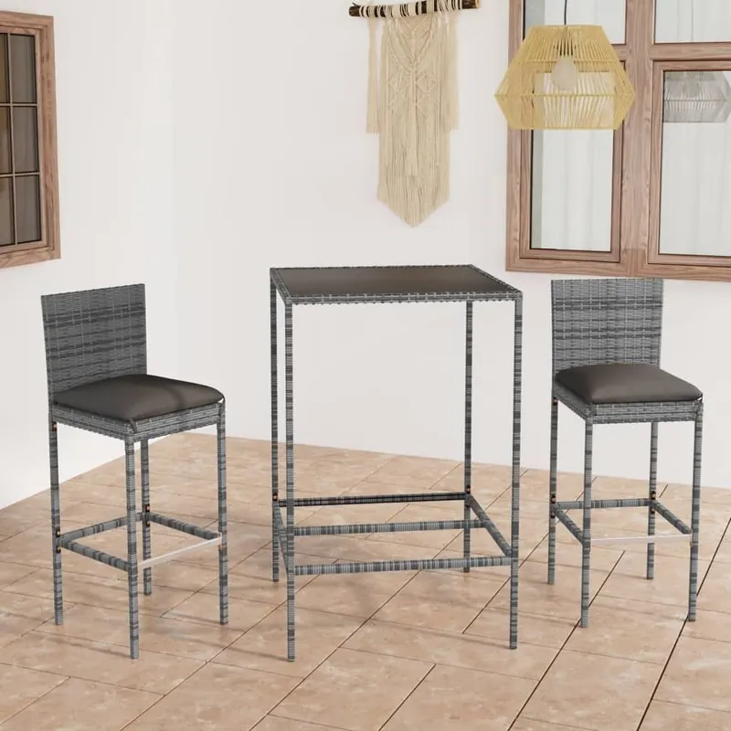 Set muebles bar jardín 3 piezas y cojines ratán sintético gris VidaXL
