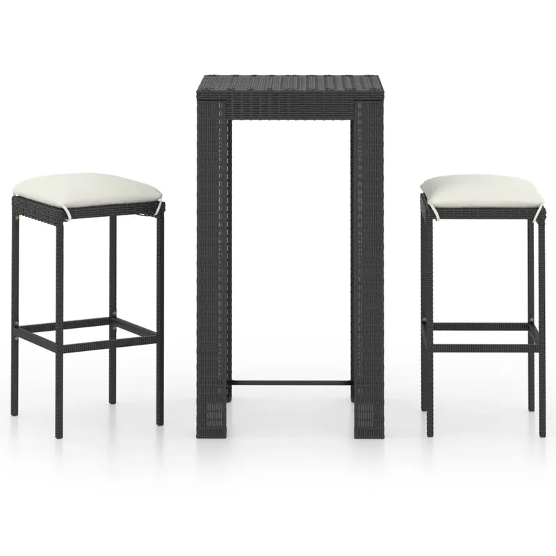Set muebles bar jardín 3 piezas y cojines ratán sintético negro