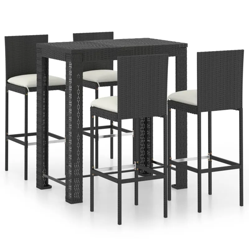 Set muebles bar jardín 5 piezas y cojines ratán sintético negro
