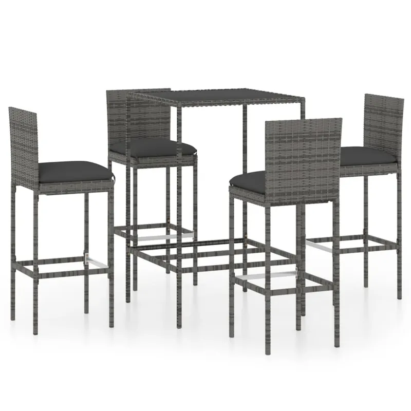 Set muebles bar jardín 5 piezas y cojines ratán sintético gris
